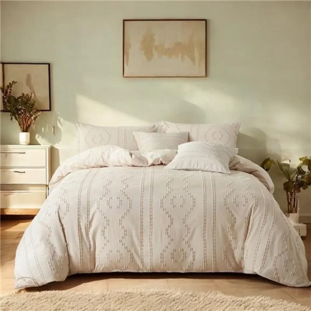 NEW Anthro Tassel Beige Boho Queen / King Fringe Bedding Duvet & Pillow Sham Set